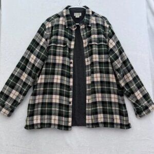 LL Bean Flannel Shirt Mens L Green Plaid Fleece Line Shacket Button Up
